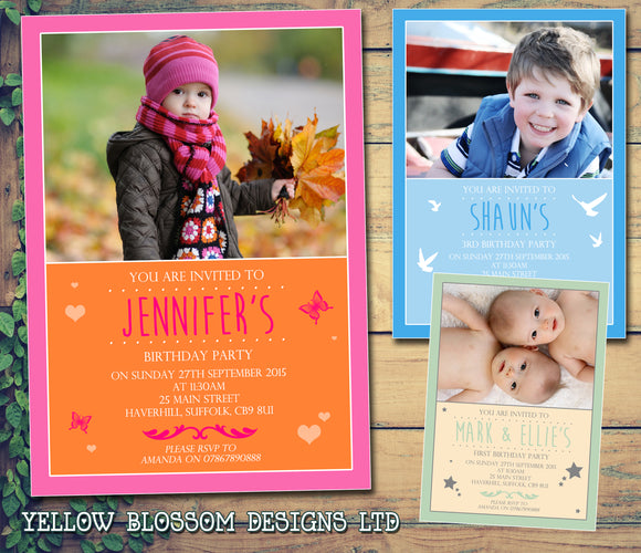 Birds Butterflies Stars Photo Party Invitations - Boy Girl Unisex Joint Birthday Twin Invites Boy Girl Joint Party Twins Unisex Printed ~ QUANTITY DISCOUNT AVAILABLE - YellowBlossomDesignsLtd